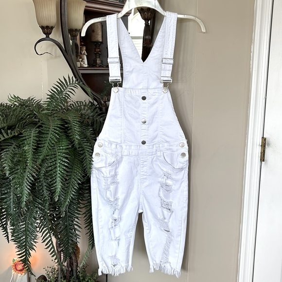 American Bazi White Distressed Denim Overalls Skinny Jean Shorts Cotton - Picture 1 of 15